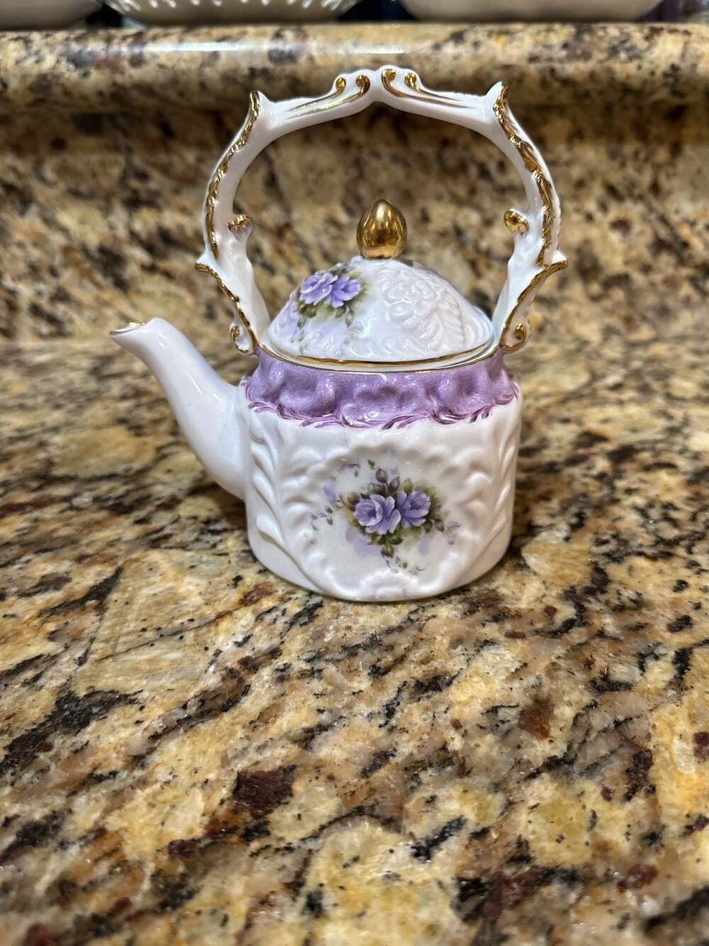Cracker Barrel Miniature Teapot Purple Roses Gold Trim 1993